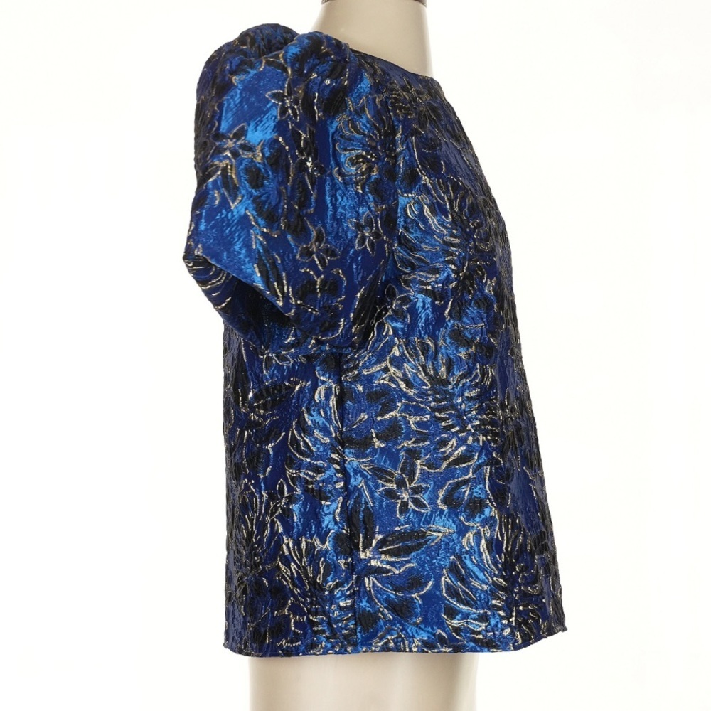 Lilly Pulitzer Pratt Brocade Top Blue Grotto Twilight Floral Gold Puff Sleeve S - Picture 3 of 5